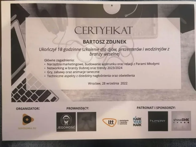 Certyfikat ukończenia 18-godzinnego szkolenia dla DJ-ów, prezenterów i wodzirejów z branży weselnej — Szkolenia DJ, Wrocław, 28 września 2022